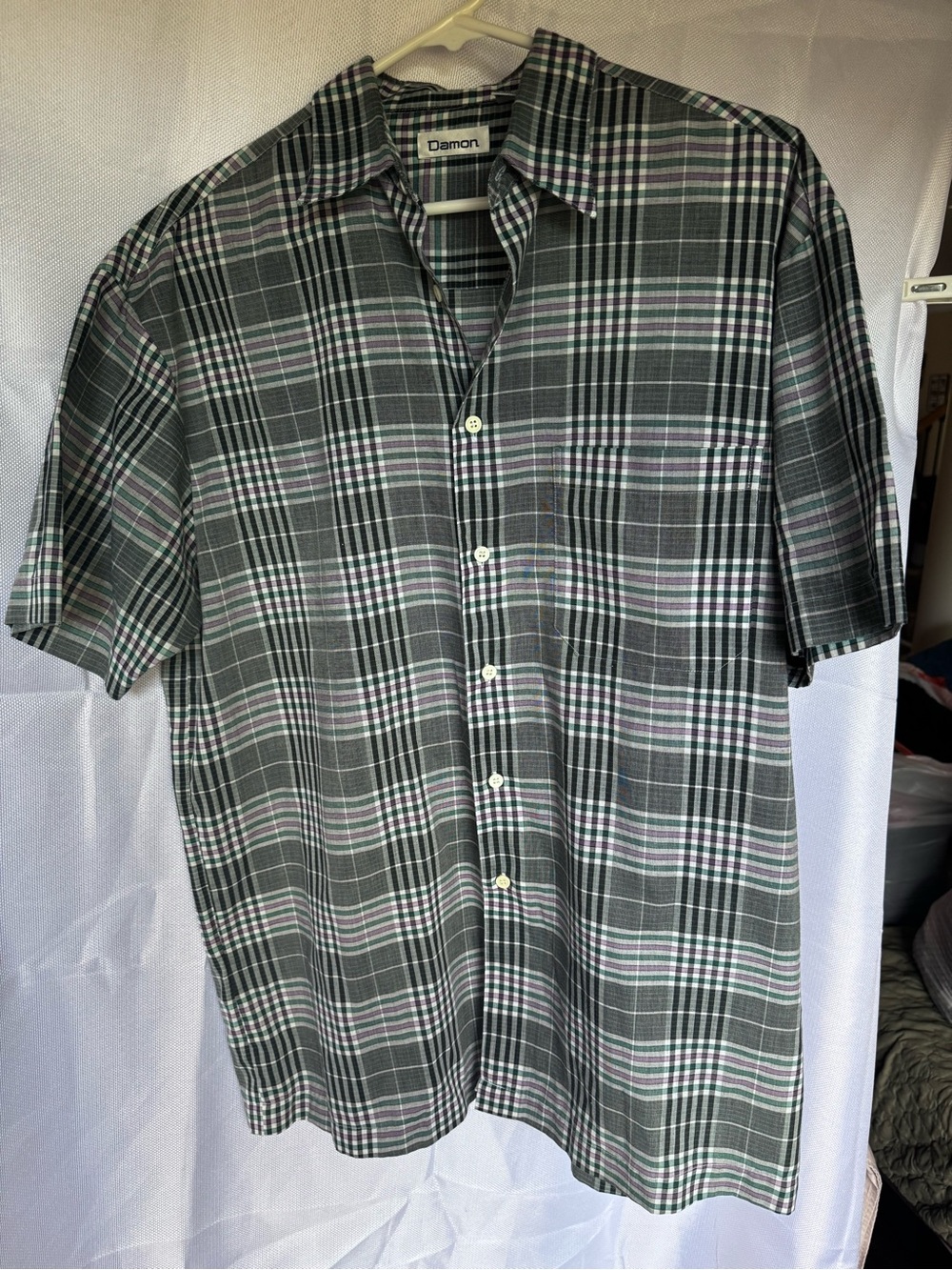 Damon Short-Sleeve Gray Plaid Button-Down Shirt with Green & Pink Trim
